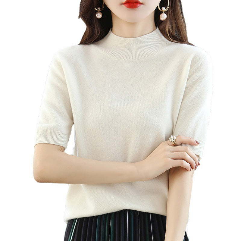 Women Short Sleeve Fine Knit Sweater with Half Turtleneck Chichicherry