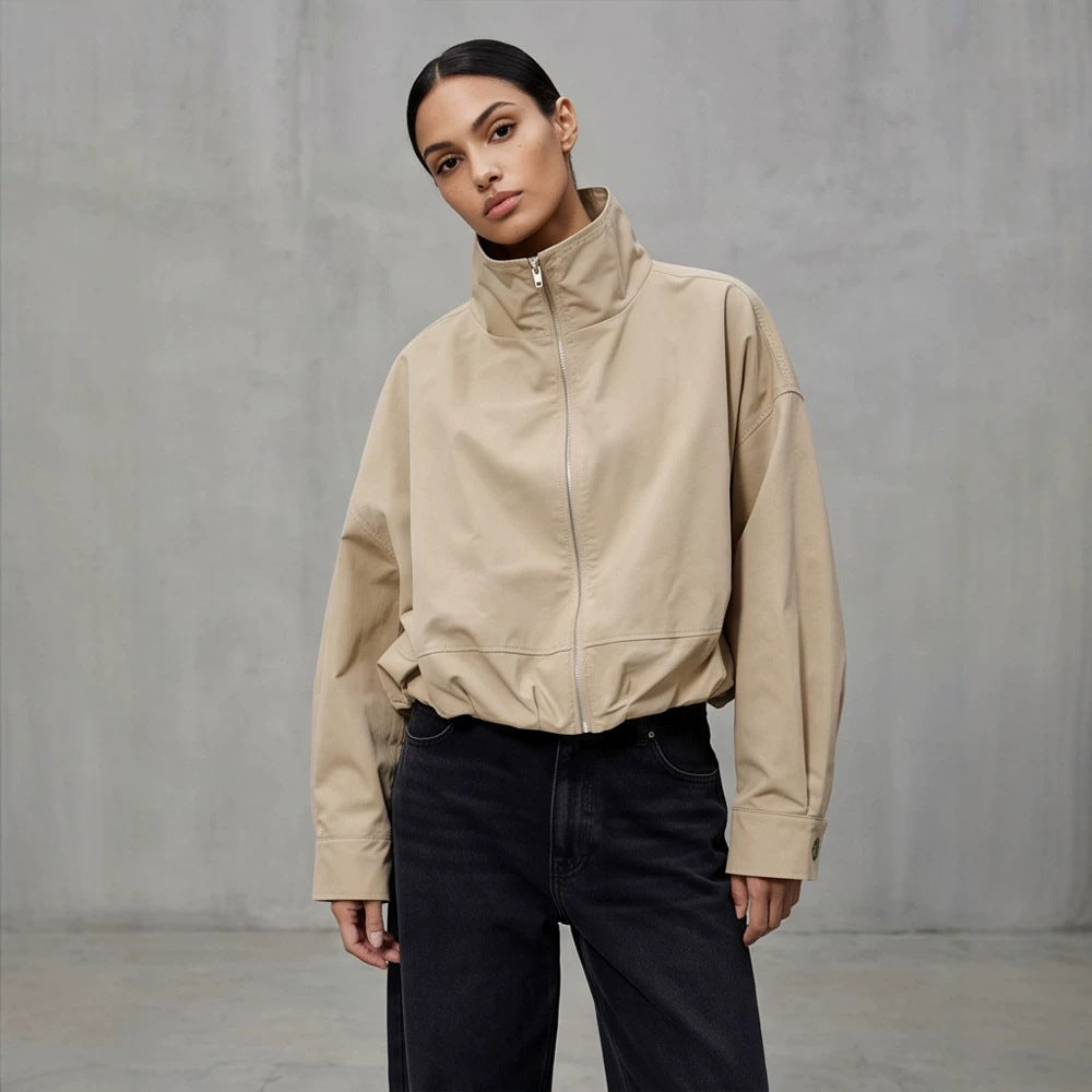 Women's Boxy-Cropped Windbreaker Jacket with High Standing Collar and Straight Hem Chichicherry
