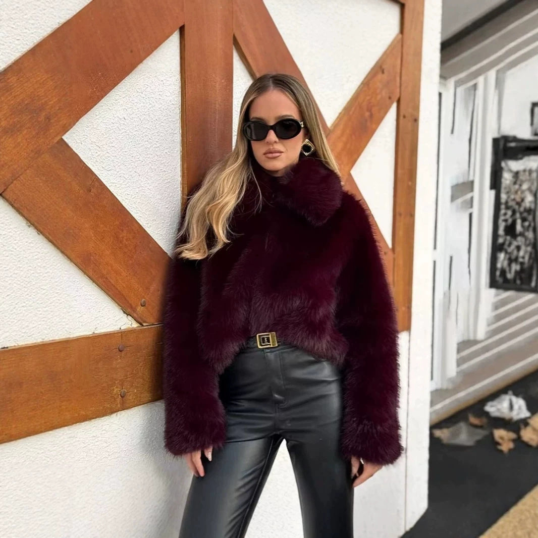 Women's Cropped Faux Fur Boxy Jacket with High Stand-Up Collar and Extra Soft Long Pile Chichicherry