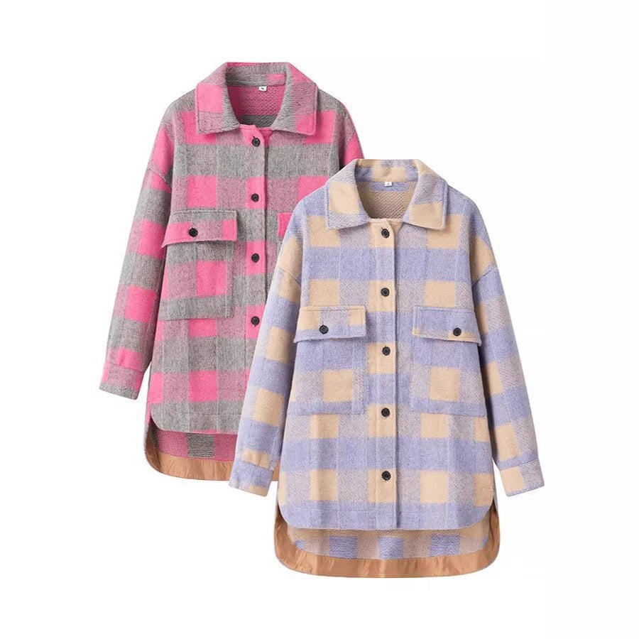 Women's Oversized Shirt Jacket in Check with Large Flap Pockets and Curved Hem Chichicherry
