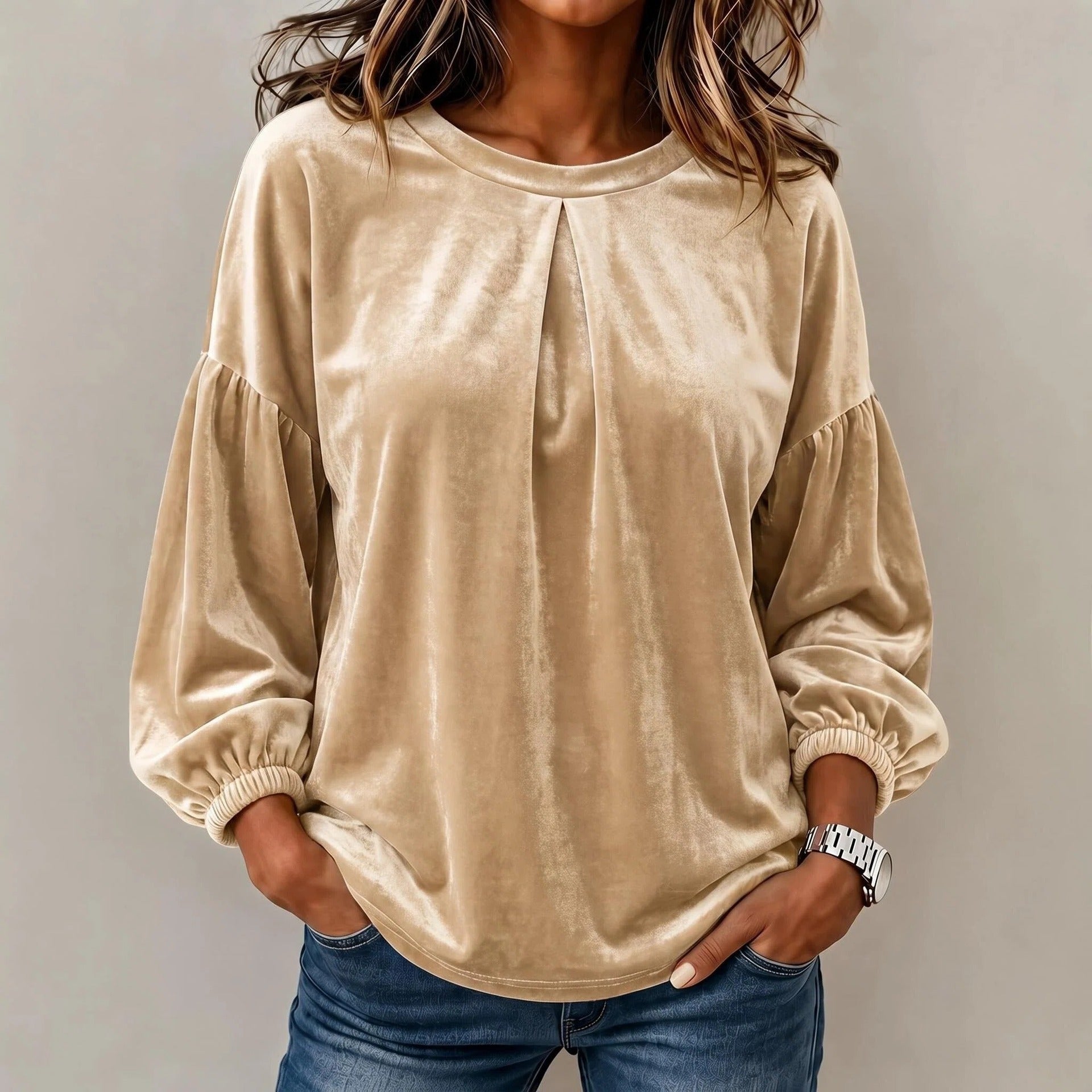Women Velvet Relaxed Top with Pleat Trim at the Neckline, Balloon Sleeves and Elastic Cuffs