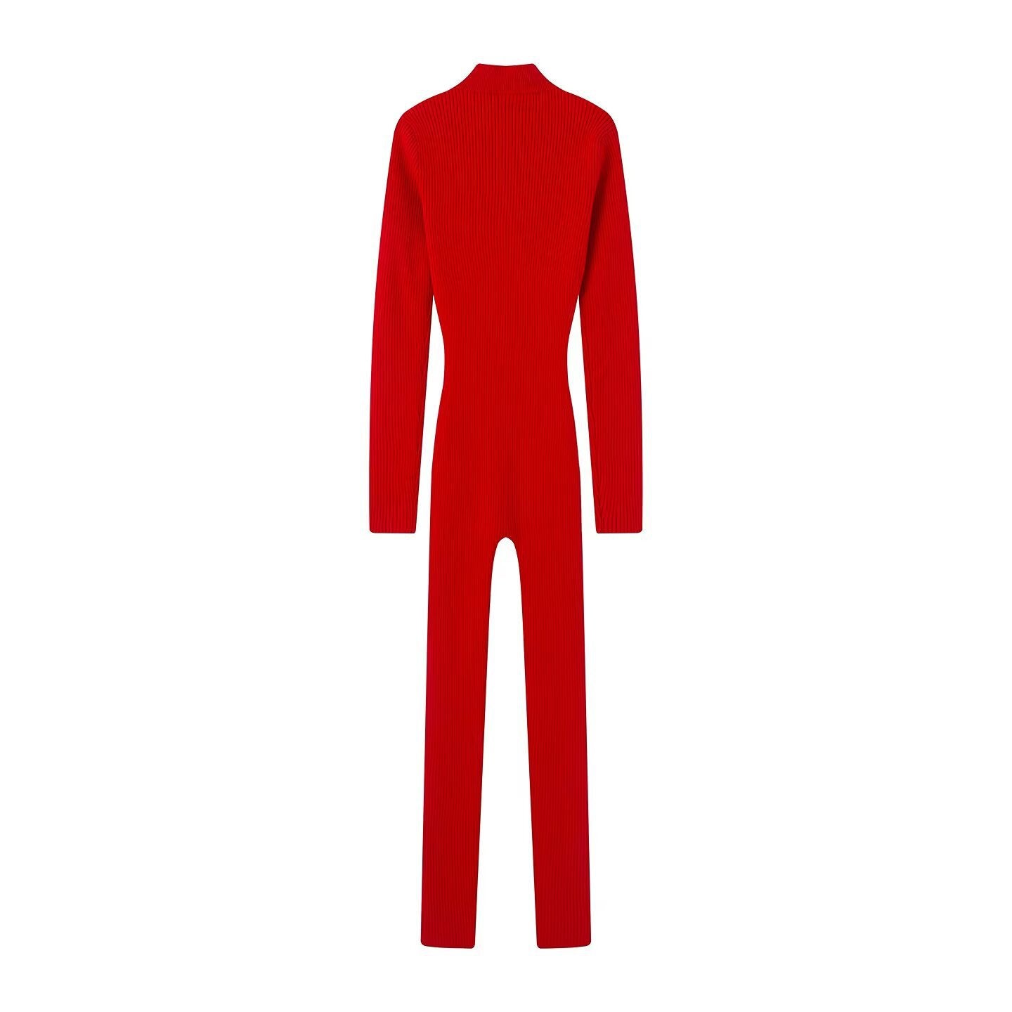 Women's Fitted Rib Knit Jumpsuit with Stand Collar, Zipper and Thumb Hole Chichicherry