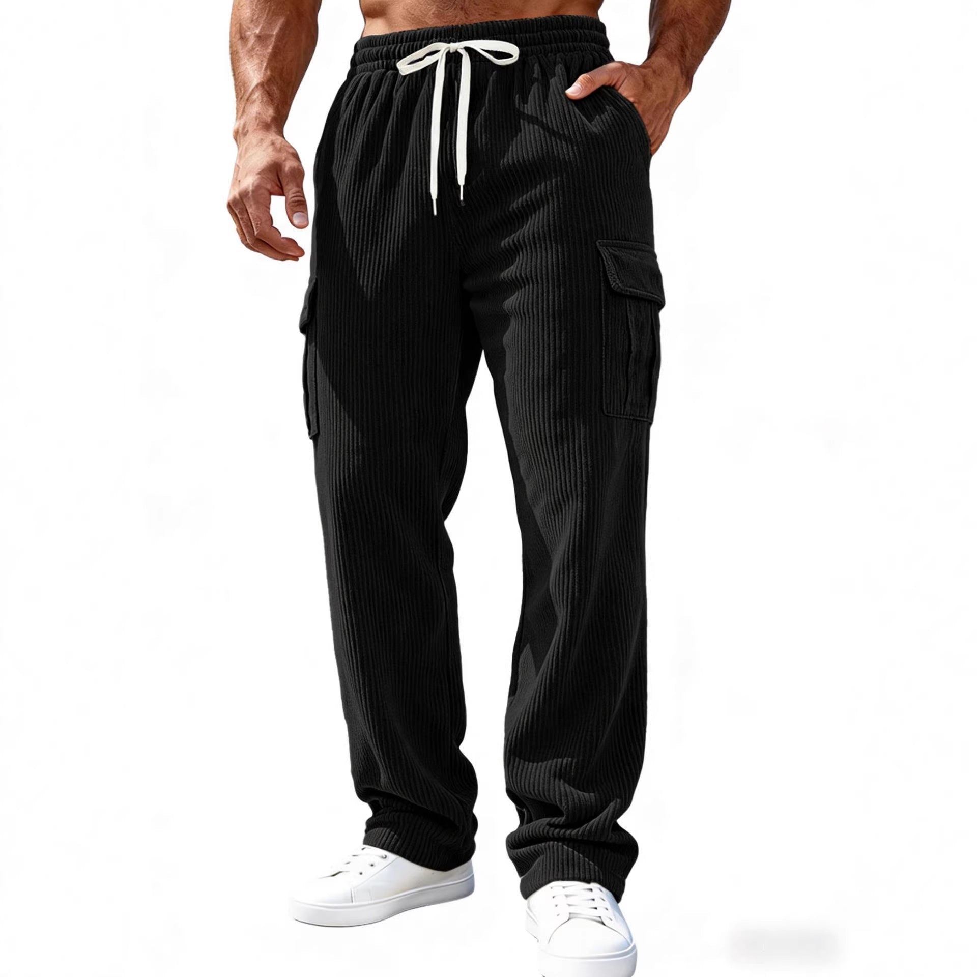 Men Ribbed Cargo Sweatpants with Drawstring and Elastic Waistband Chichicherry