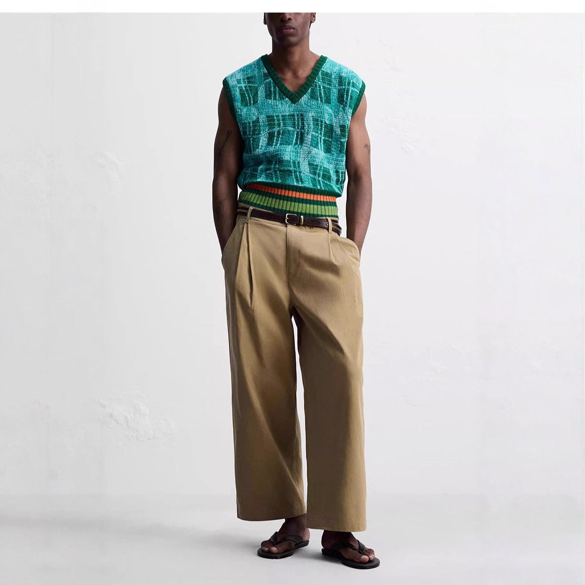 Men's wide pleated chino pants with high waistband and cropped leg Chichicherry