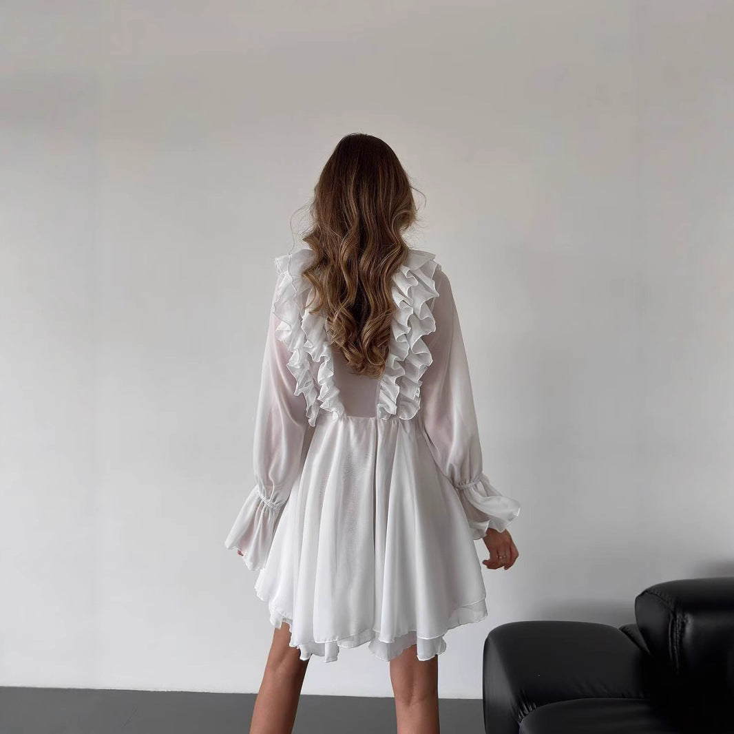 Damen Chiffon-Minikleid mit Volants, tiefem V-Ausschnitt und Ballonärmeln Chichicherry