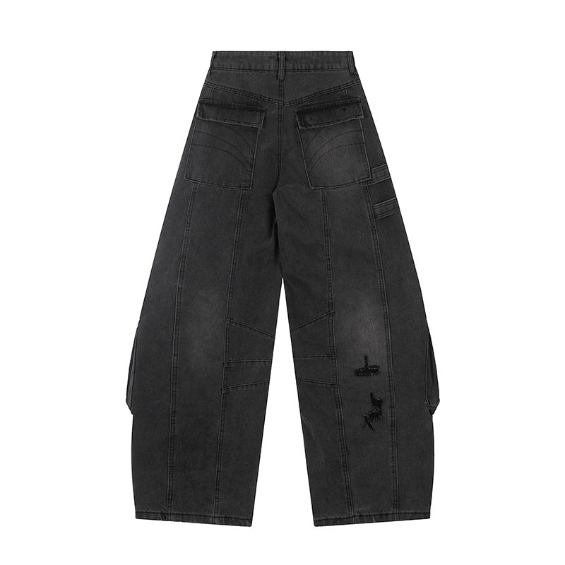 Women's wide jeans cargo culotte with tactical pockets, belt applications and used details Chichicherry