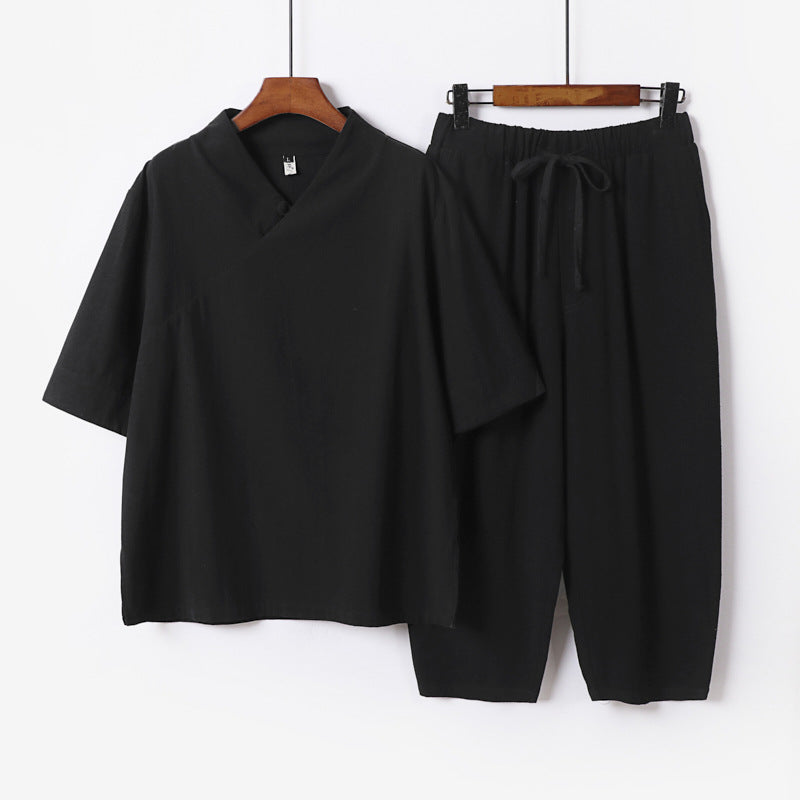Men's Breathable Linen-Cotton Lounge Set with Asymmetrical V-Neck and Elastic Cord Pants Chichicherry