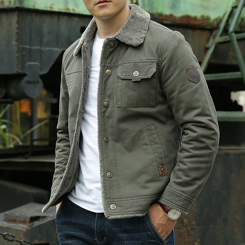 Men's vintage-inspired canvas worker jacket with full teddy lining, chest patches and multifunctional pockets Chichicherry