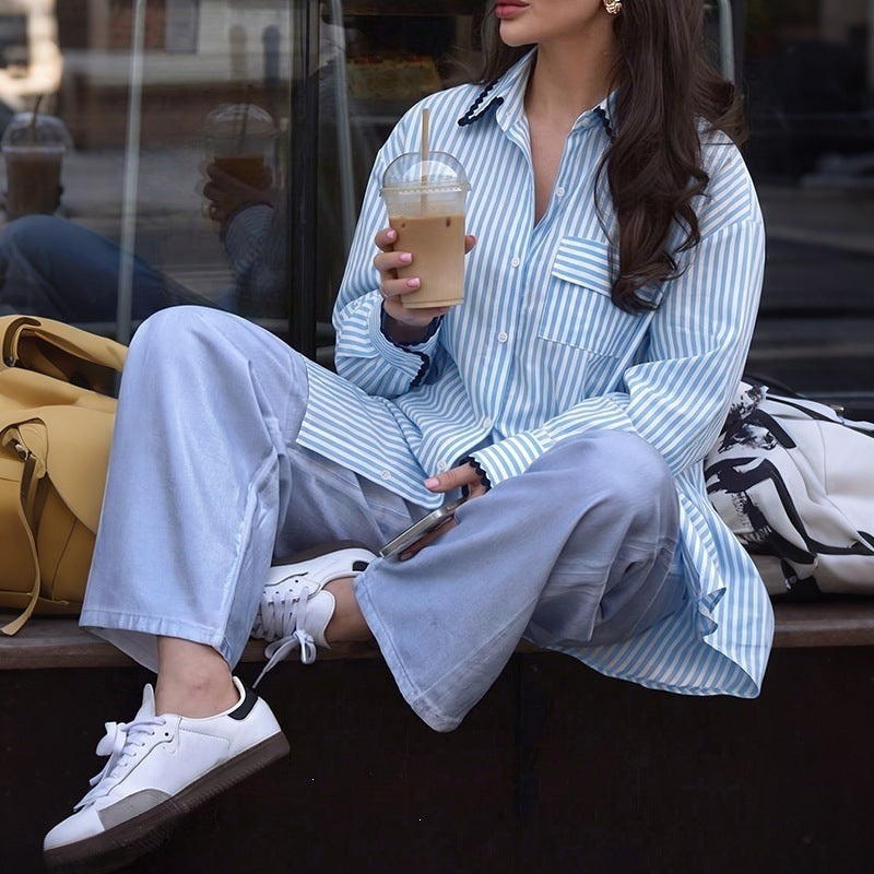 Women's oversized shirt blouse with fine stripes, breast pocket and decorative trim Chichicherry