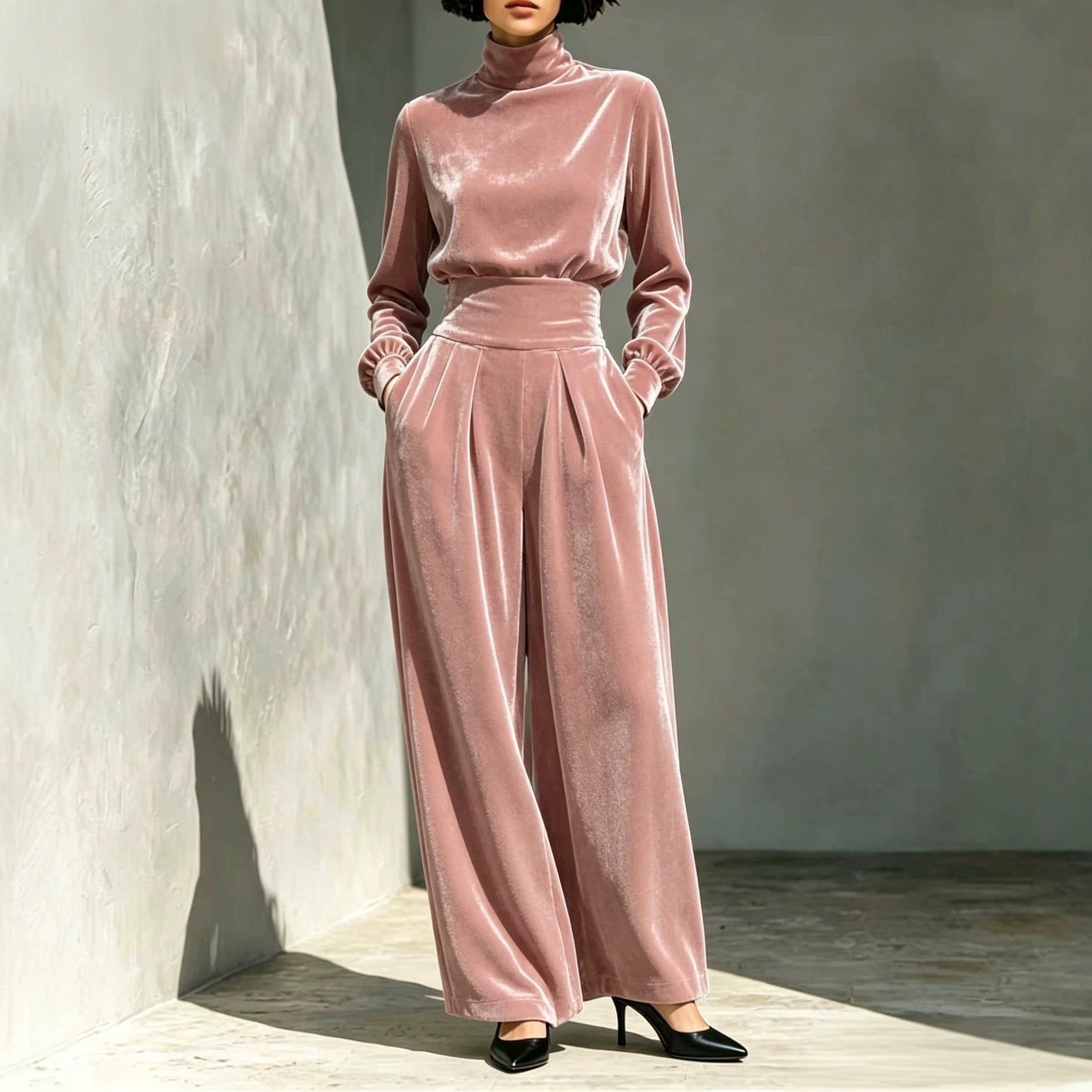 Women's velvet set with turtleneck top and high-waisted, wide pleated pants Chichicherry