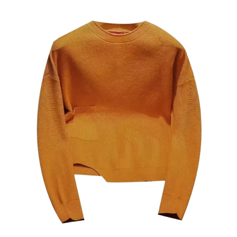 Damen Kurz geschnittener Strickpullover mit unregelmäßigem Saum und Rundhalsausschnitt Chichicherry