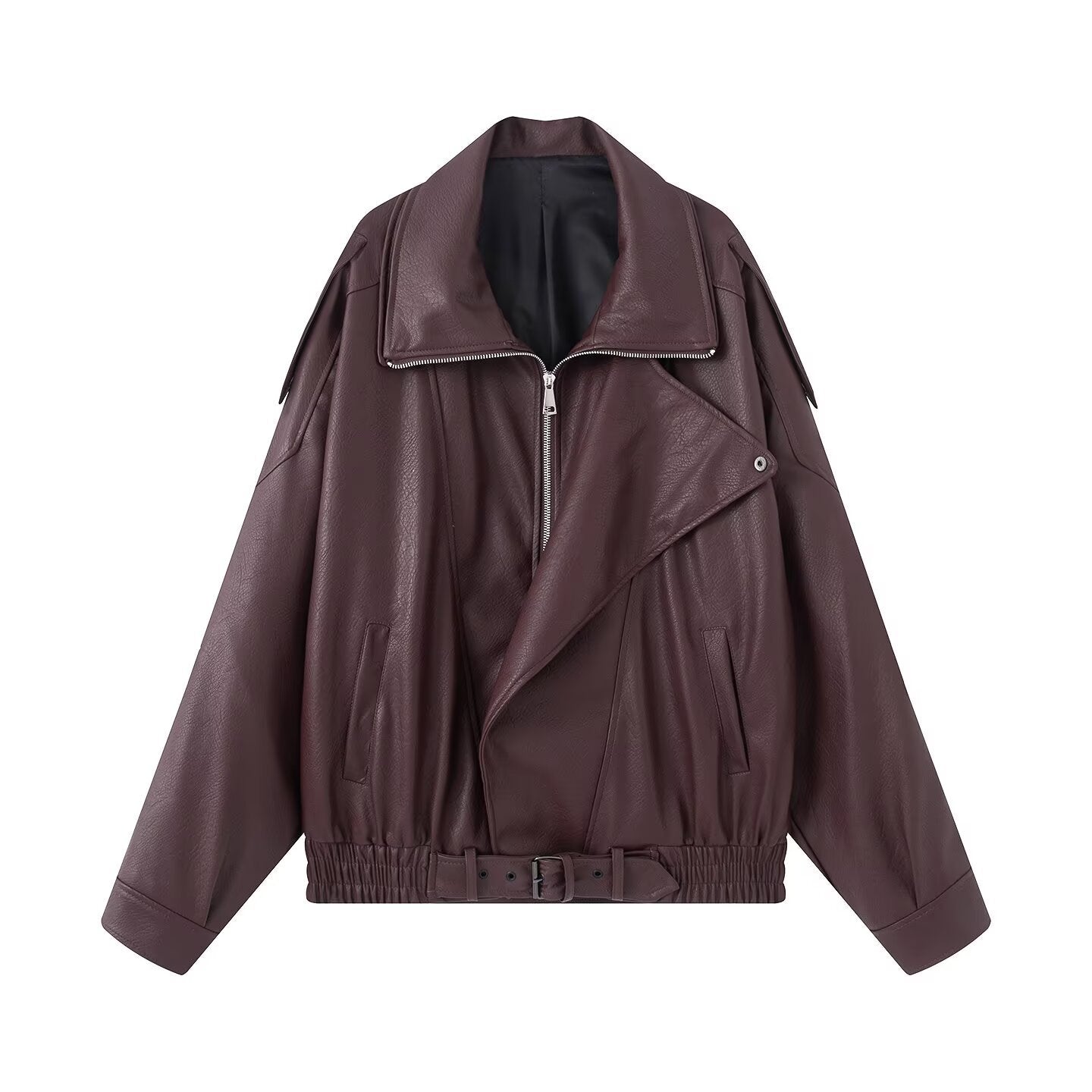 Ladies Oversize Faux Leather Biker Jacket with Asymmetrical Zipper, Belt and Elastic Waist Chichicherry