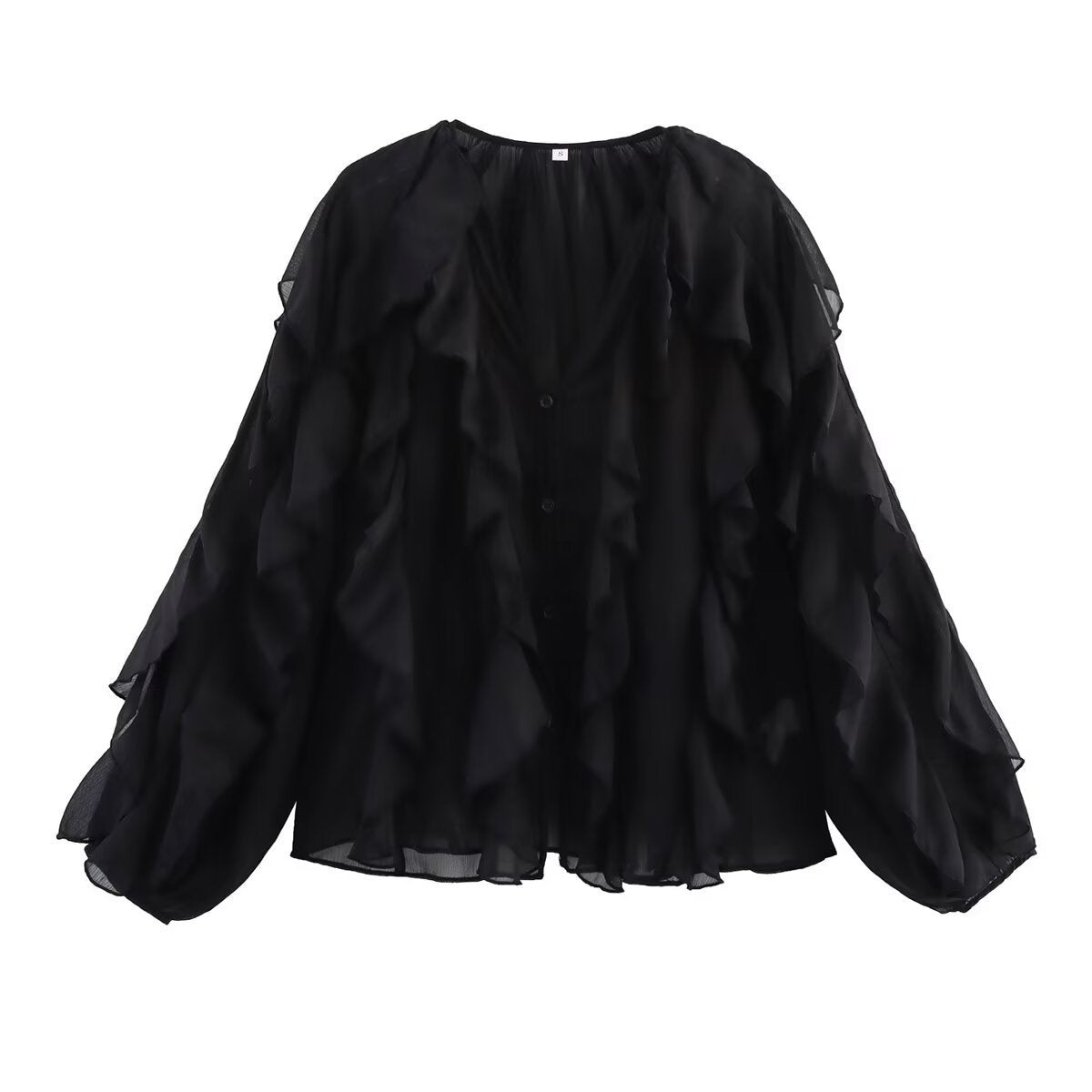 Women's Ruffle Chiffon Blouse with Layered Ruffles and Wide Balloon Sleeves Chichicherry