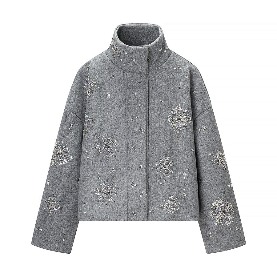 Women's short-cut wool blend coat with stand-up collar and bead sequin embroidery Chichicherry