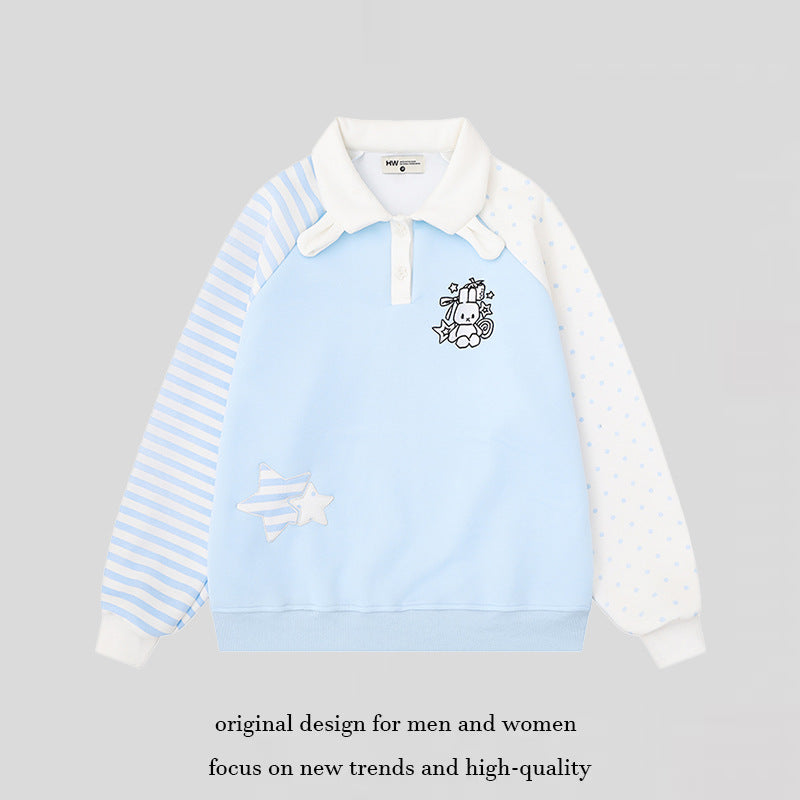 Women's Long Sleeve Polo Sweatshirt in Patchwork Style with Contrasting Sleeves and Star Applications Chichicherry