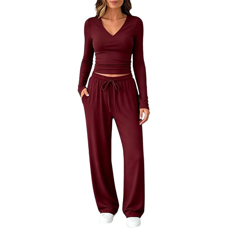 Women Two-Piece Lounge Set with Tailored V-Neck Cropped Top and Wide Drawstring Palazzo Pants Chichicherry
