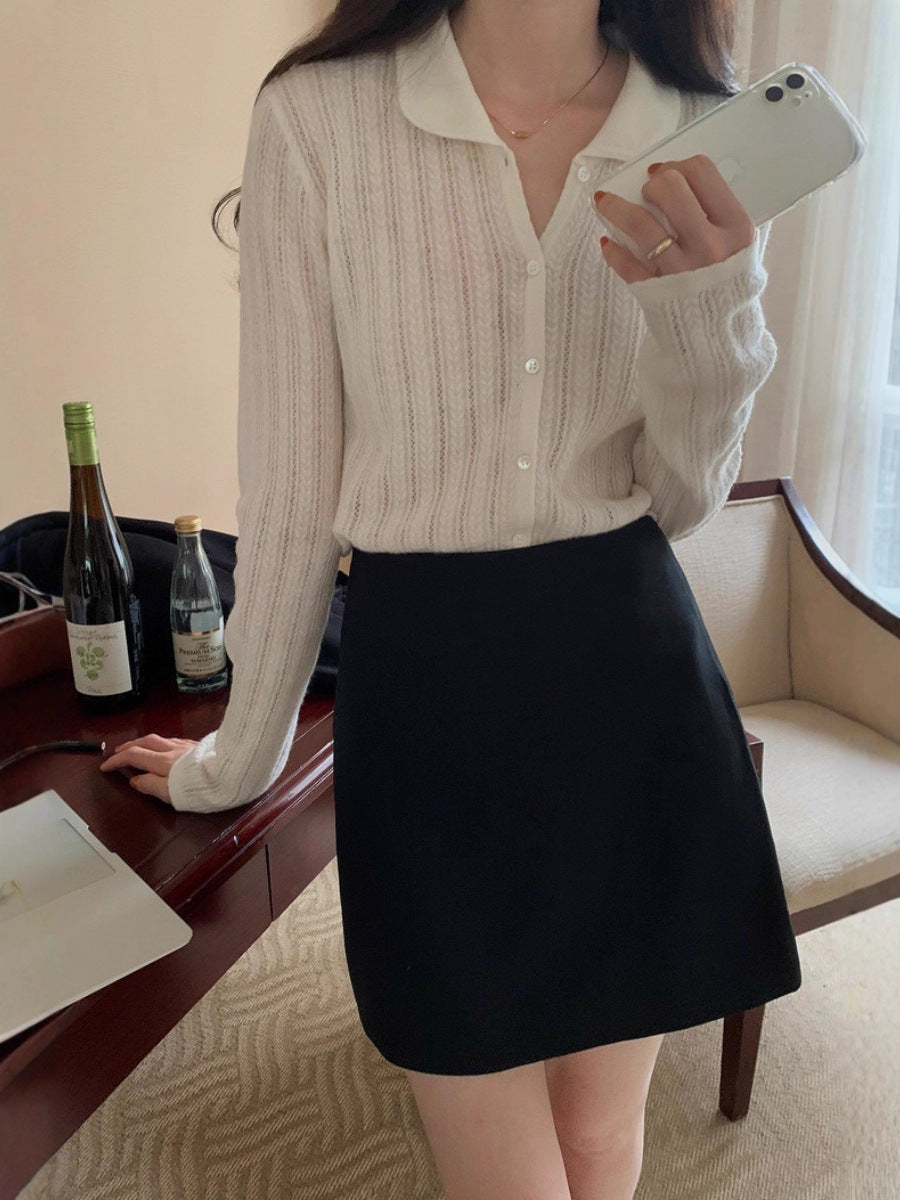 Women Light Ajour Knit Button Cardigan with Shirt Collar and Fine Cable Pattern Structure Chichicherry