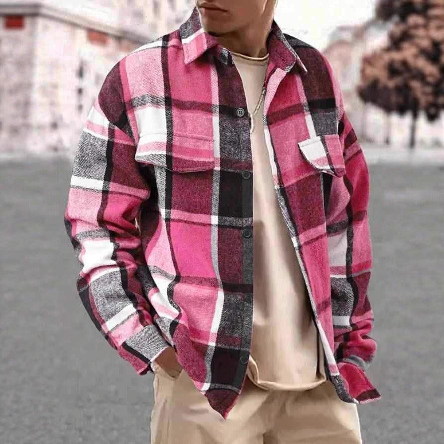 Men's Checked Flannel Shirt Jacket with Chest Pockets and Button Placket Chichicherry