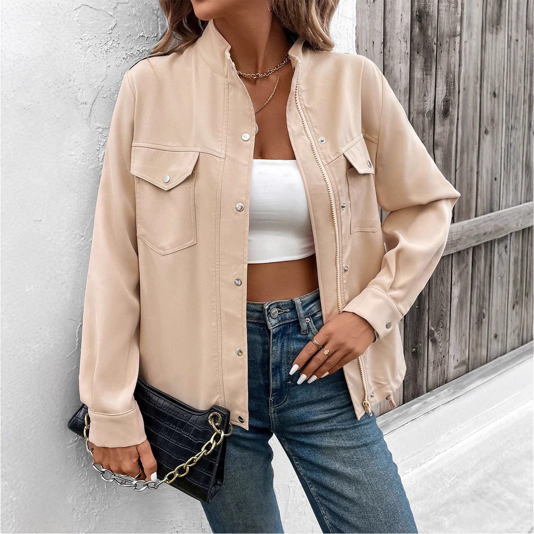 Women's Oversized Shirt Jacket with Snap Front, Chest Flaps, and Drawstring Hem Chichicherry