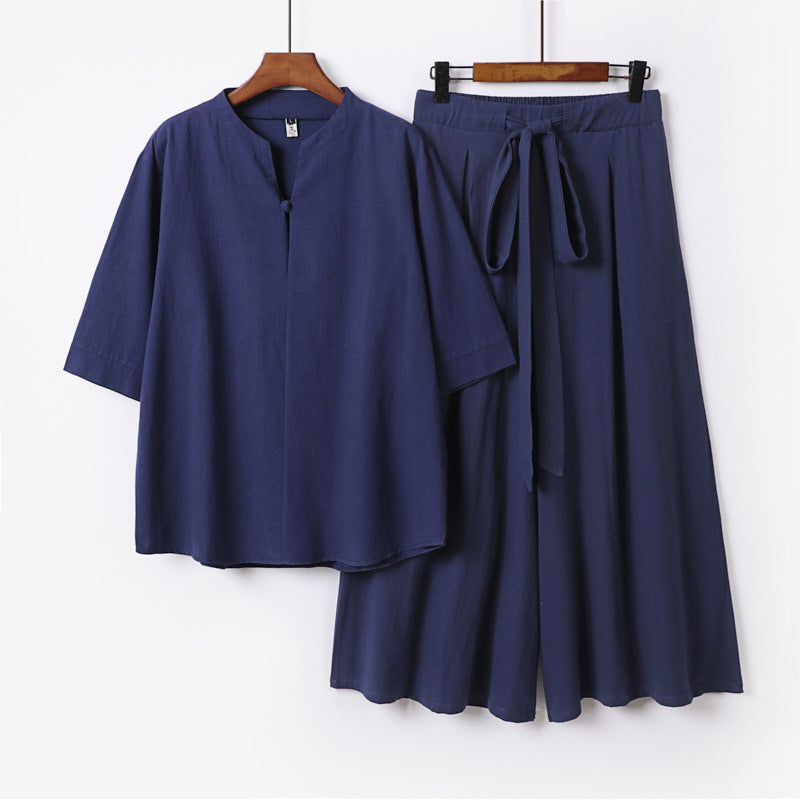 Women's Casual Linen-Viscose Lounge Set with Stand Collar Top and Wide Palazzo Pants Chichicherry
