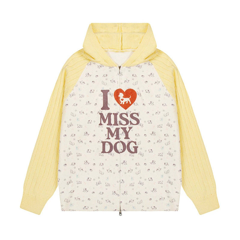 Women's hoodie cardigan with full zip, ribbed sleeves, and dog statement print Chichicherry