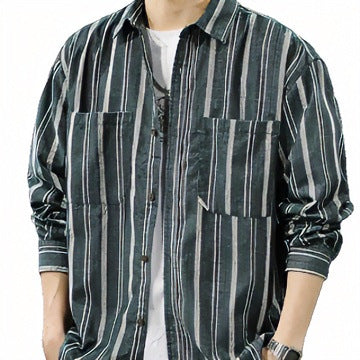 Herren Oversized Breitcord-Hemdjacke mit vertikaler Streifenstruktur und aufgesetzten Brusttaschen Chichicherry