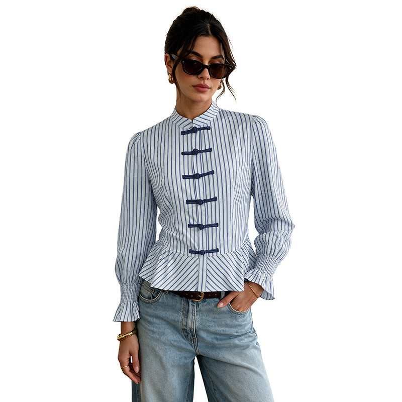 Women Striped Blouse with Stand Collar, Chinese Toggle Closure and Peplum