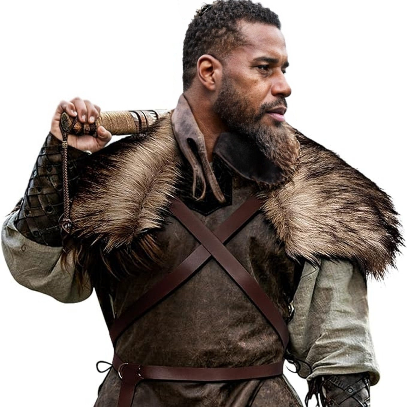 Men's Medieval Leather Jerkin with Faux Fur Shoulder Cape and Braided Arm Guards Chichicherry