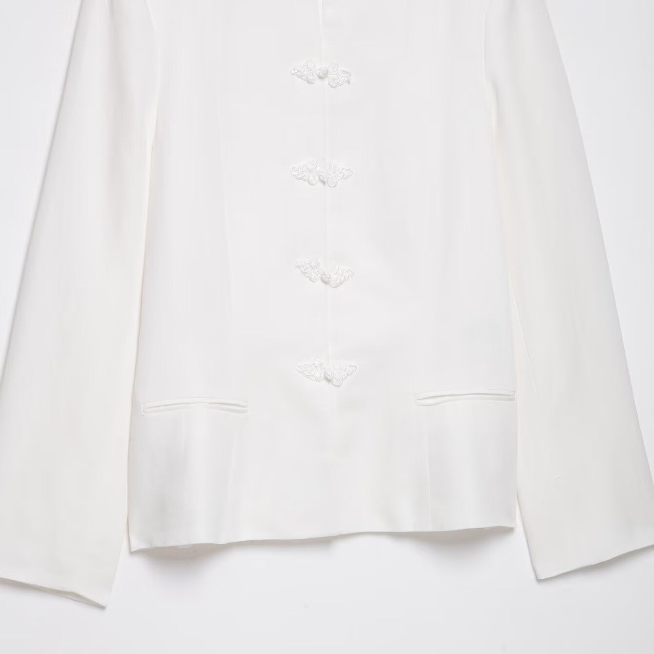 Women's Boxy Short Jacket with Stand-up Collar, Decorative Knot Closures and Welt Pockets Chichicherry