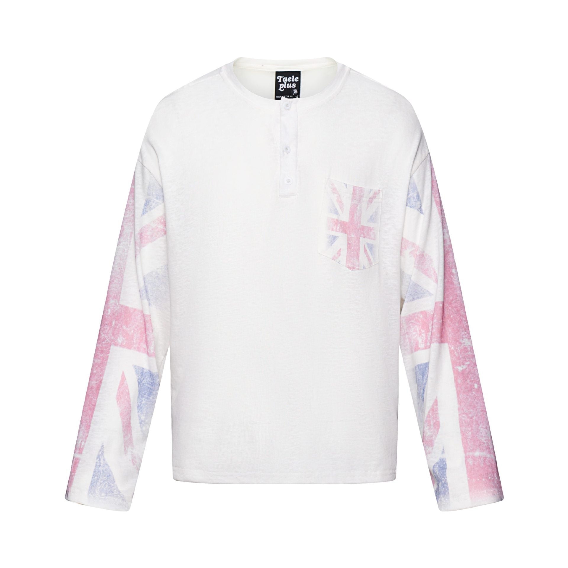 Unisex Long Sleeve Henley Shirt with Chest Pocket and Vintage Flag Print Chichicherry