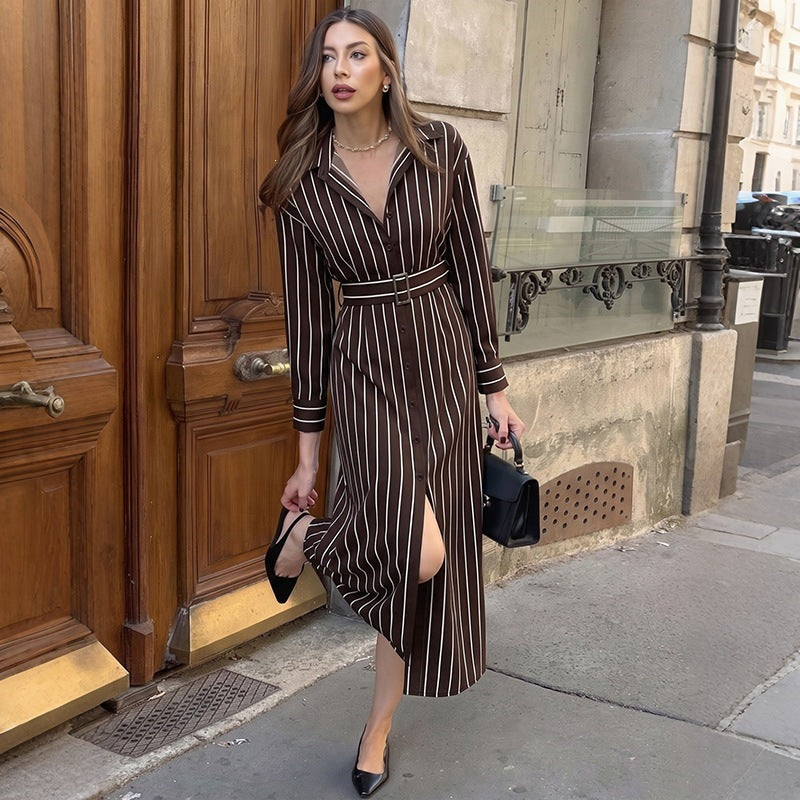 Women's Shirt Dress with Waist Belt and Vertical Pinstripe Chichicherry