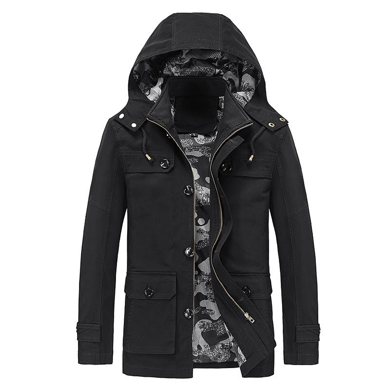 Men's Hooded Canvas Field Jacket with Camouflage Lined Interior and Multifunctional Pockets Chichicherry