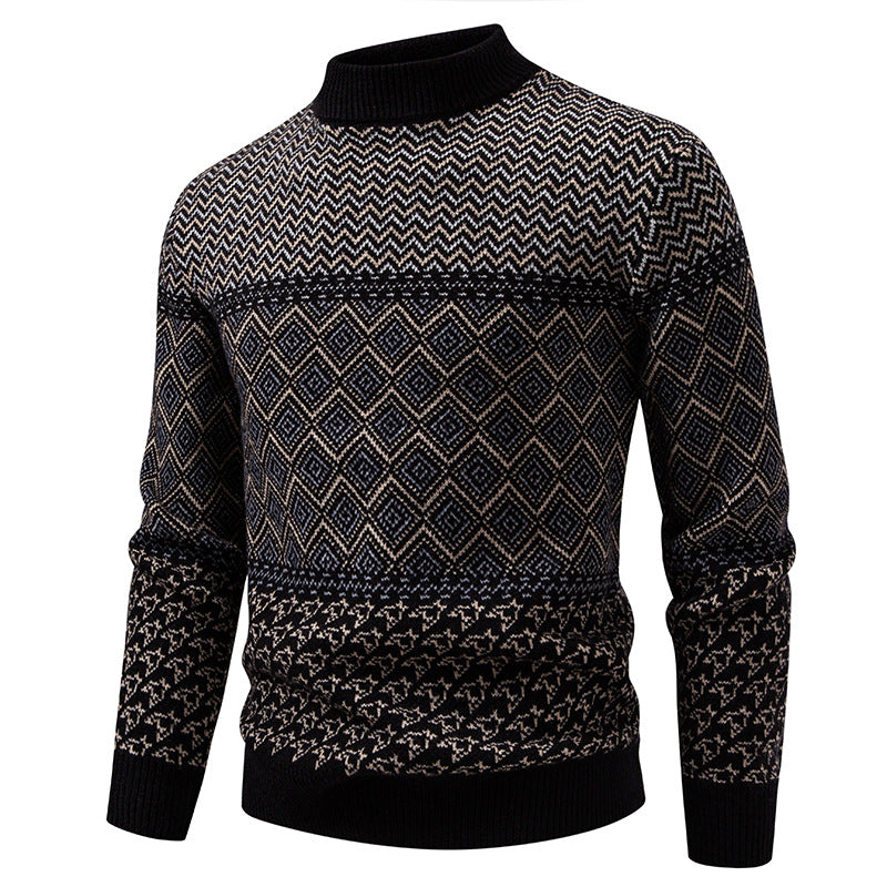 Men's fine knit mock neck sweater with geometric jacquard and ribbed finishes Chichicherry