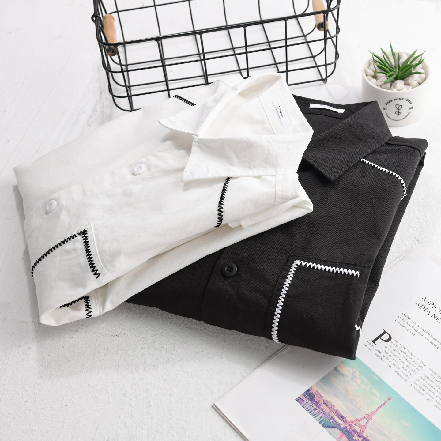 Men's cotton shirt with decorative zigzag seams and chest pocket Chichicherry