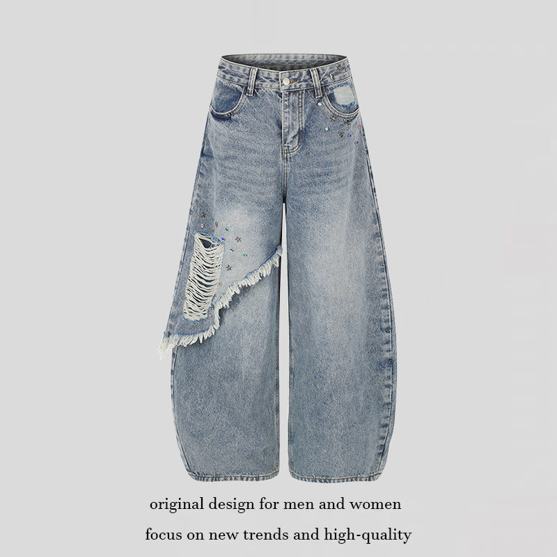 Women's high-waist wide palazzo jeans with asymmetric fringe detail and rhinestone application Chichicherry