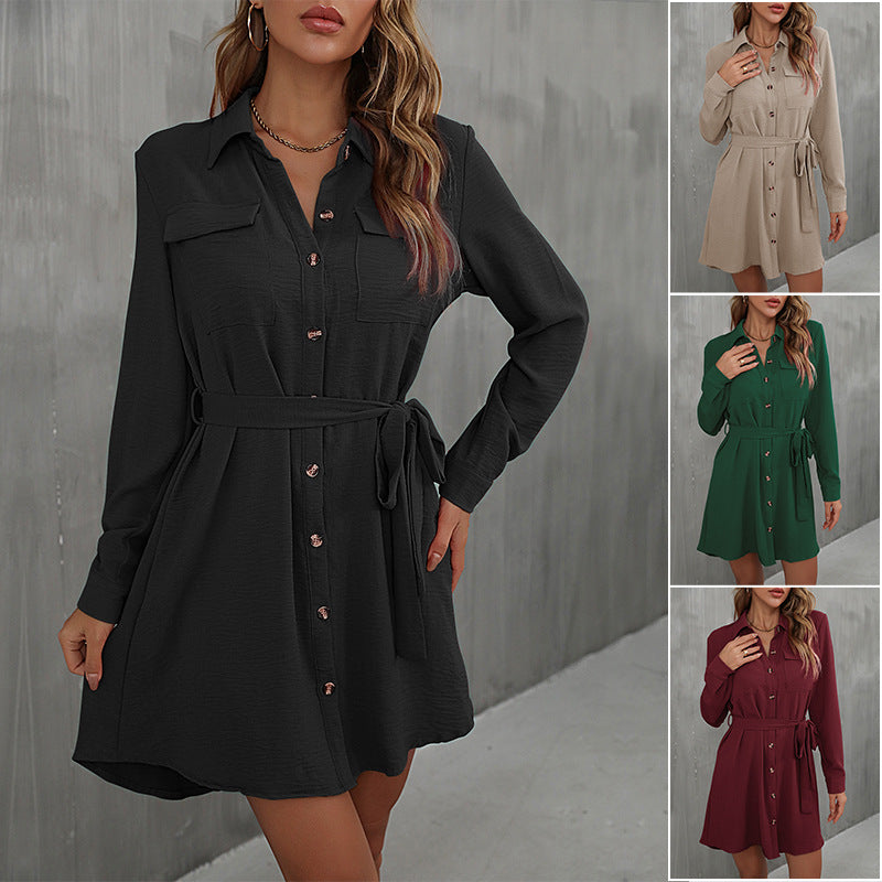 Women's Loose Shirt Blouse Mini Dress with Waist Belt and Patch Breast Pockets Chichicherry