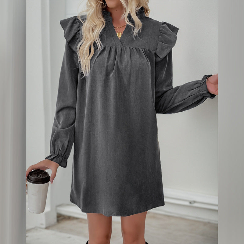 Women's Ruffle Shirt Dress with Gathered Yoke, Stand Collar, and Elastic Cuffs Chichicherry