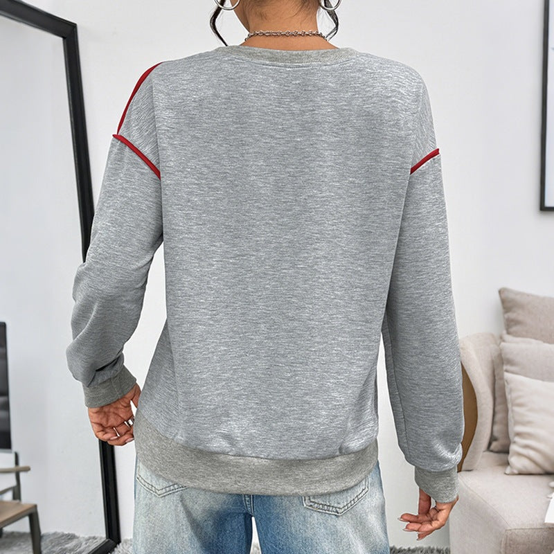 Women's Oversize Sweatshirt with Embroidered Heart, Contrast Piping and Ribbed Hem Chichicherry