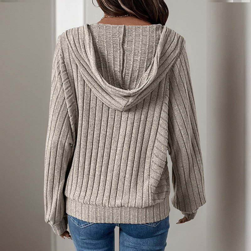 Women's Ribbed Hoodie with Henley Button Placket and Slightly Cropped Fit Chichicherry