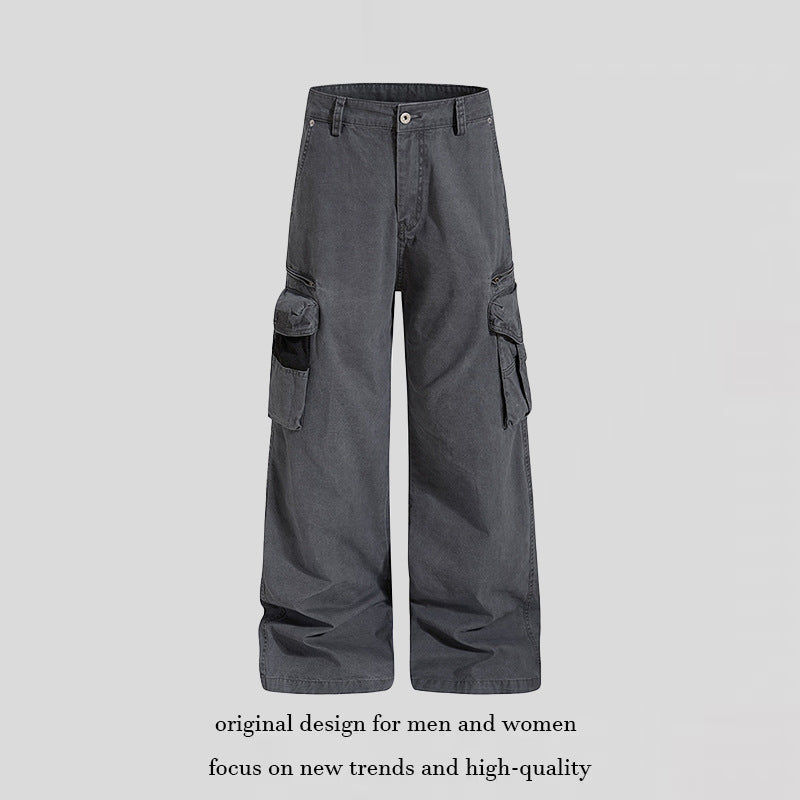 Women's Loose High-Waist Canvas Cargo Pants with Multi-Pockets and Mesh Details Chichicherry
