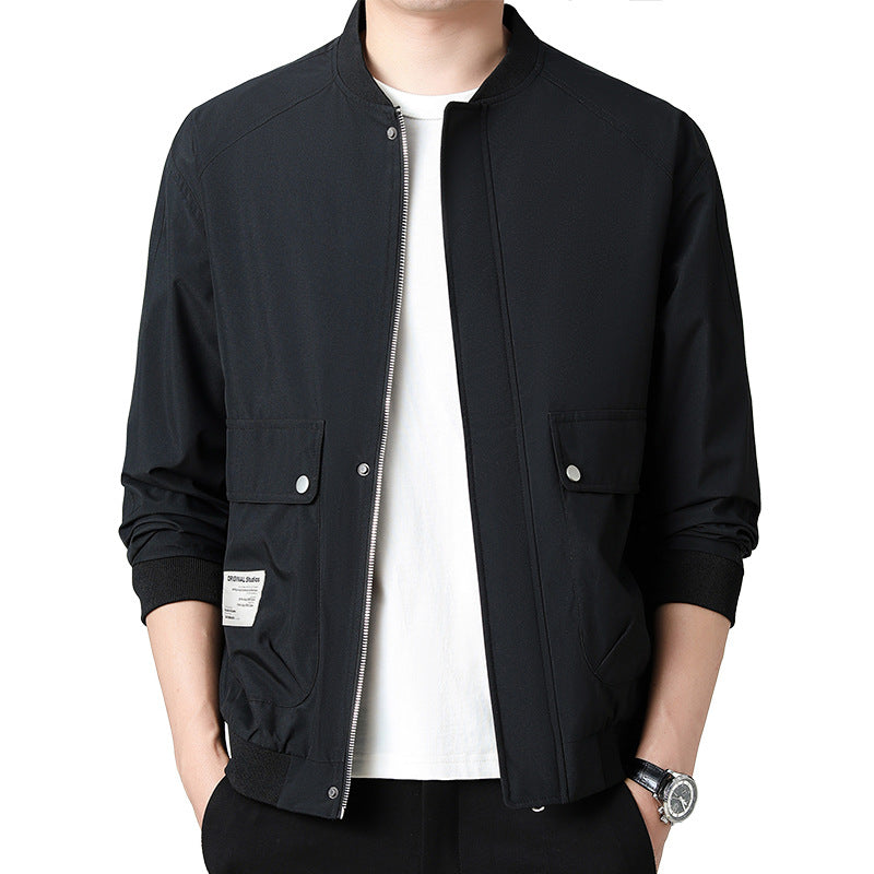 Men's Lightweight Utility Bomber Jacket with Concealed Zipper, Flap Pockets, and Ribbed Cuffs Chichicherry