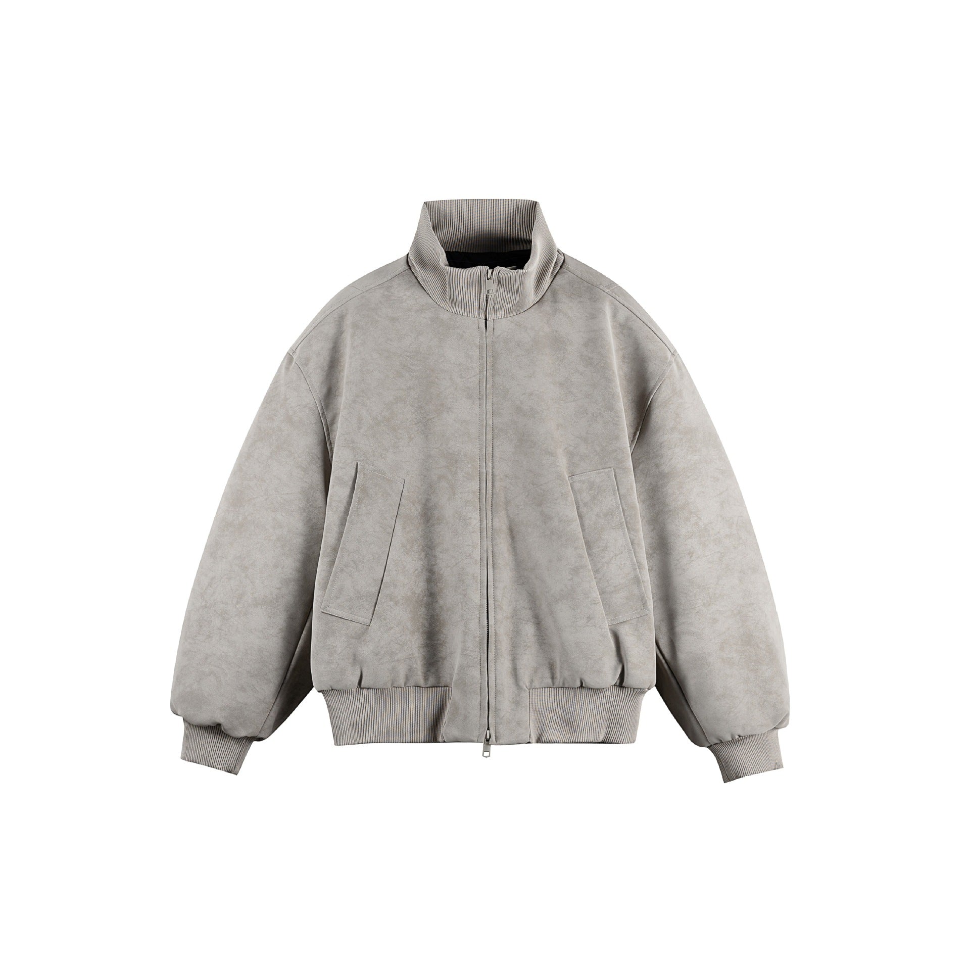 Women's Boxy Bomber Jacket in Vintage Suede Look with High Ribbed Collar and Kangaroo Pockets Chichicherry