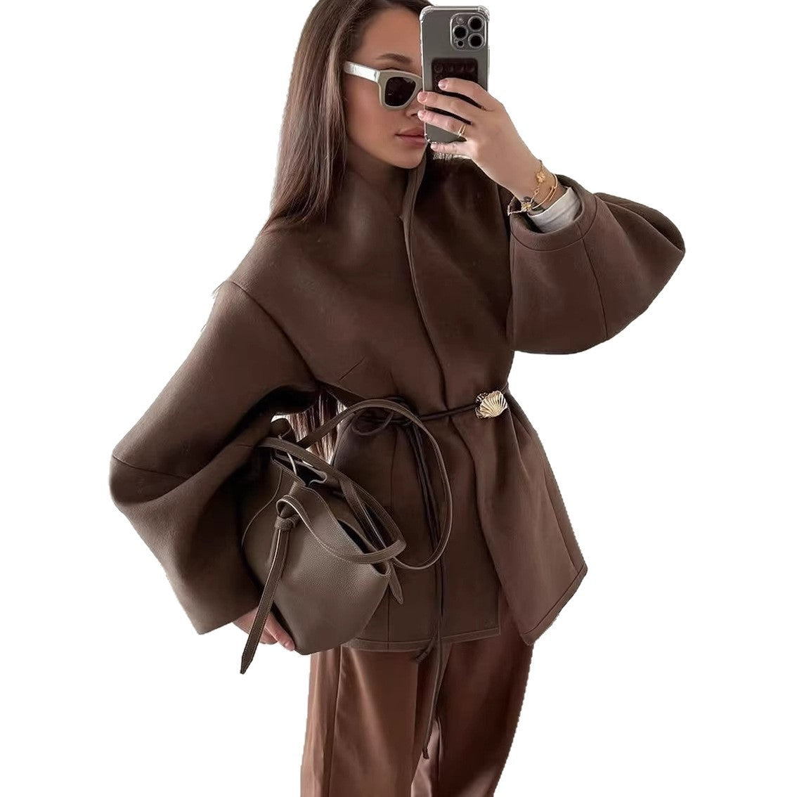 Women's short jacket with wrap closure, figure-hugging leather belt and shell clasp Chichicherry