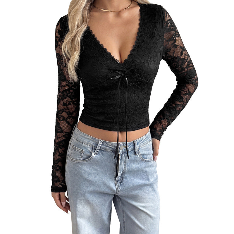 Ladies lace long sleeve crop top with V-neck and drawstring closure Chichicherry