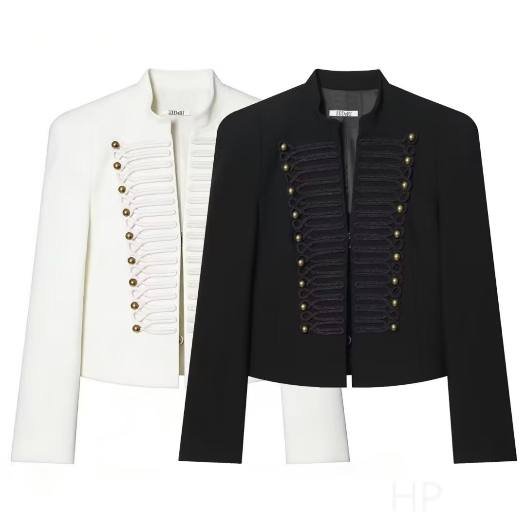 Women's Short Blazer with Military Frog Decoration and Stand-Up Collar Chichicherry