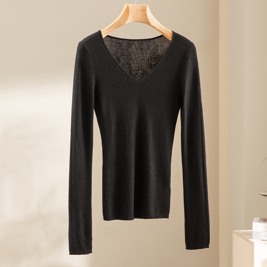 Women's Fine Rib Knit Sweater with Deep V-Neck and Tailored Fit Chichicherry