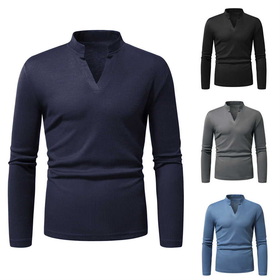 Men's Thermal Waffle Knit Shirt with Stand Collar and V-Neck Chichicherry