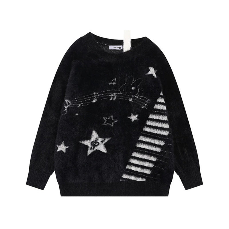 Women's Cozy Knit Sweater with Cartoon Note and Star Motif Chichicherry