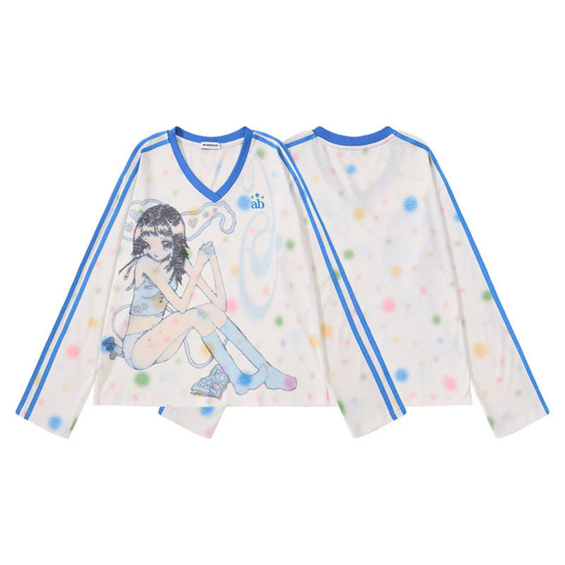 Women's Cropped Mesh Long Sleeve with V-Neck, Anime Print and Contrast Stripes Chichicherry