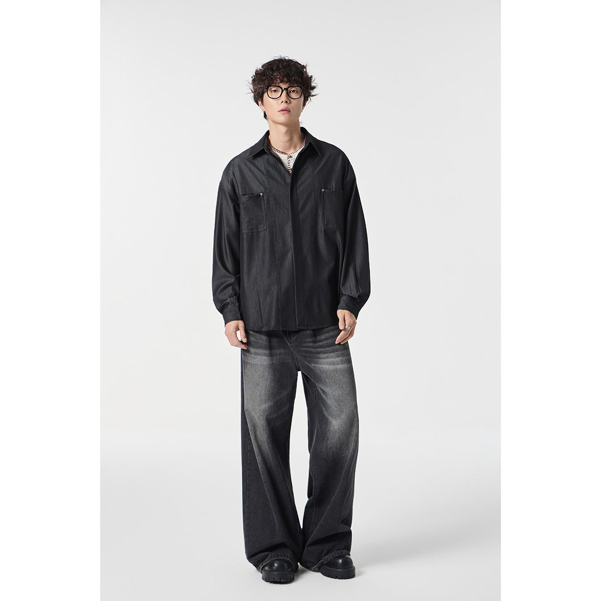 Men's Oversized Shirt Jacket made of lightweight denim quality with concealed button placket and chest pockets Chichicherry